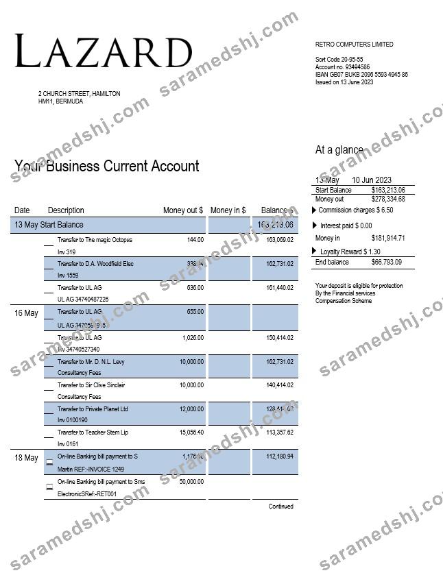Lazard Bank business statement Word and PDF template